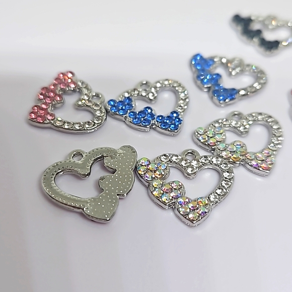 Elegant Heart Pendants with Rhinestones.  10 Charms, 2 each Color. - Picture 3 of 5